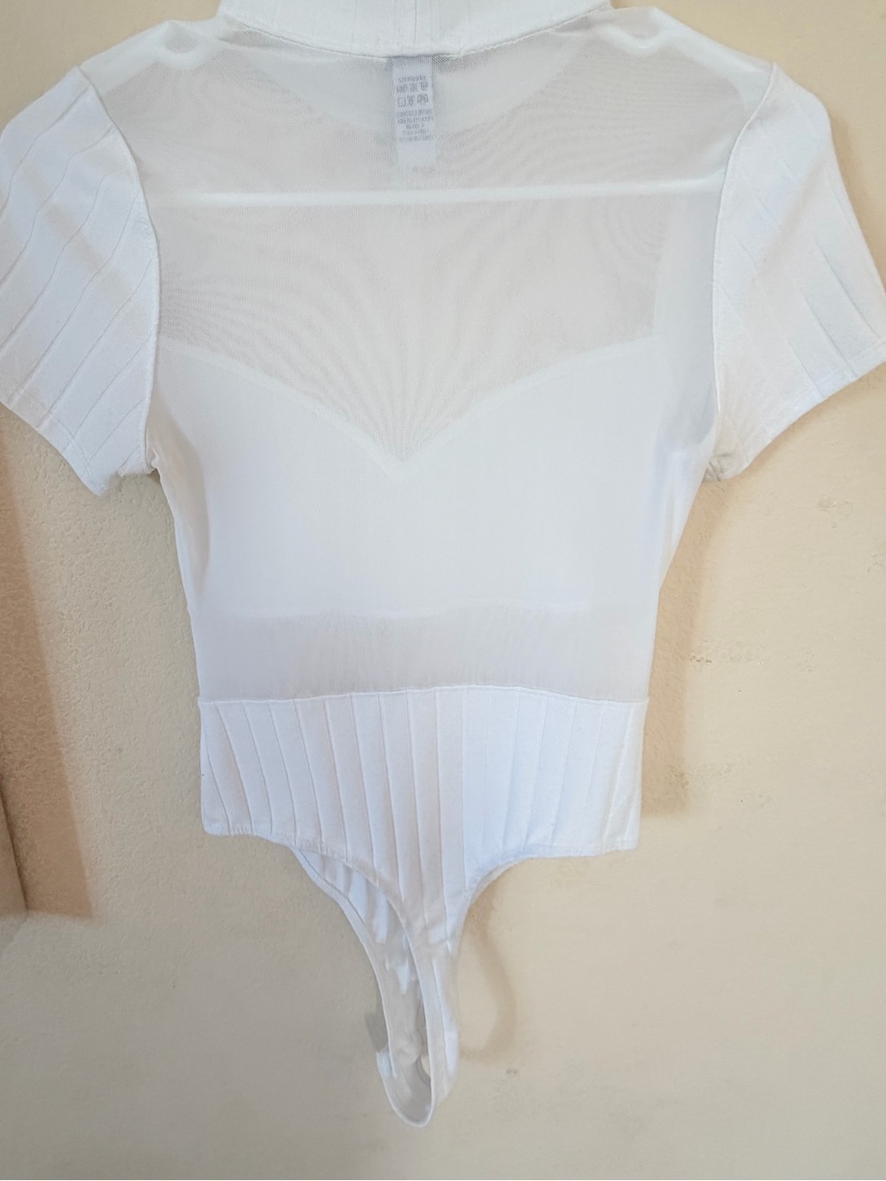 Fashion Nova White Ribbed Mock Neck Sheer Panel Bodysuit - Picture 2 of 4